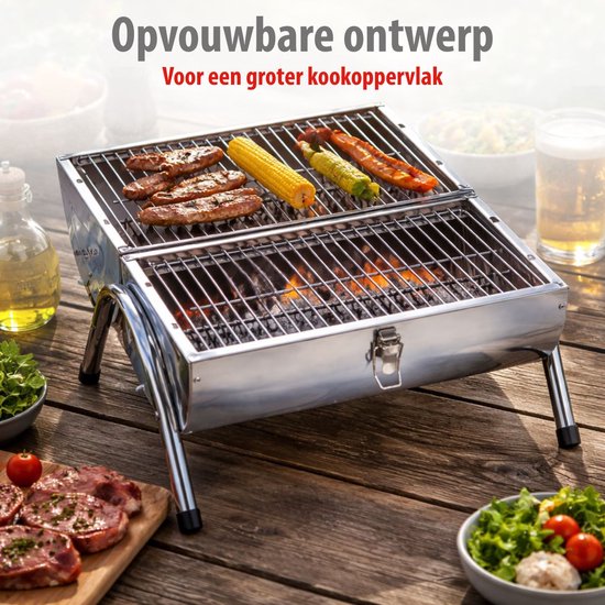 alpina Holzkohlegrill - Tragbarer Grill mit Griff - Campinggrill mit Belüftung und Verriegelungsclip - Holzkohlegrill Kompakt 38 x 30 x 19 cm - Edelstahl