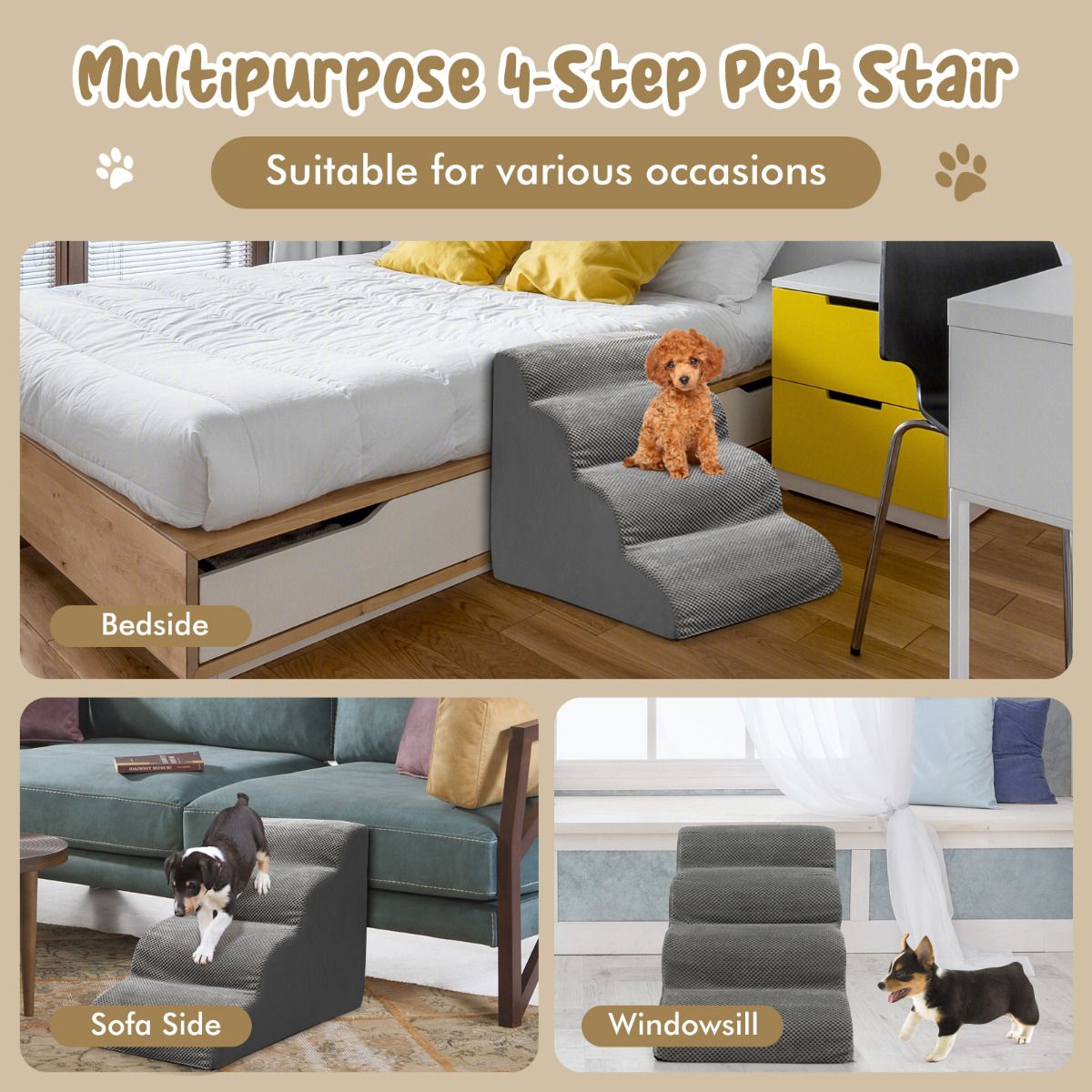 Coast Hundetreppe 4 Stufen Anti-Rutsch Haustiertreppe für Hunde und Katzen 72x41x51 cm Grau