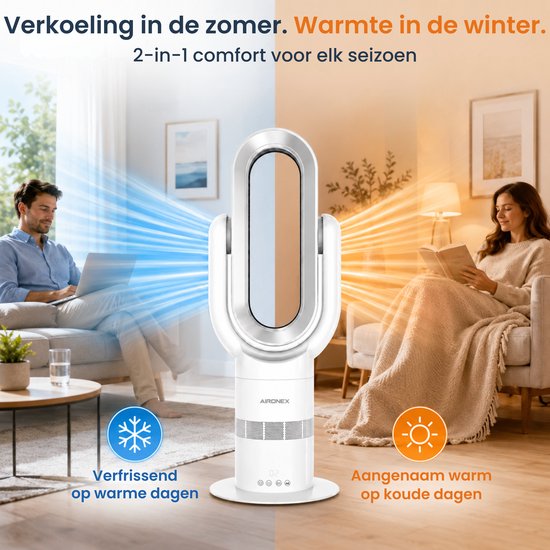 Aironex Swing kabelloser Ventilator mit Heizfunktion – Heizventilator – 2-in-1: Kühlen & Heizen – 10 Stufen – 71° Schwenkbereich – Fernbedienung – Weiß