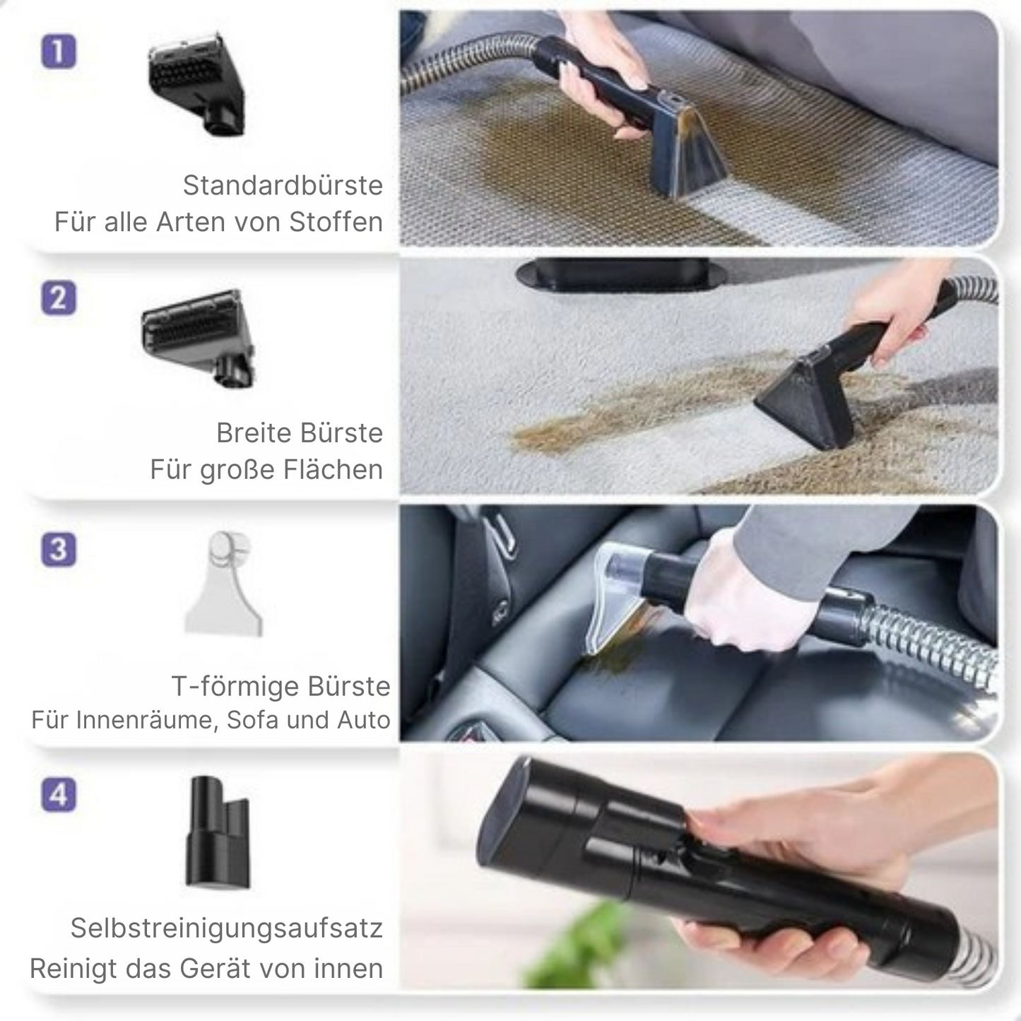 Motionflow Teppichreiniger - Turbo- & Heizfunktion - 1200 W - Schlauchlänge 1,7 Meter - inkl. Reinigungsmittel - Lila