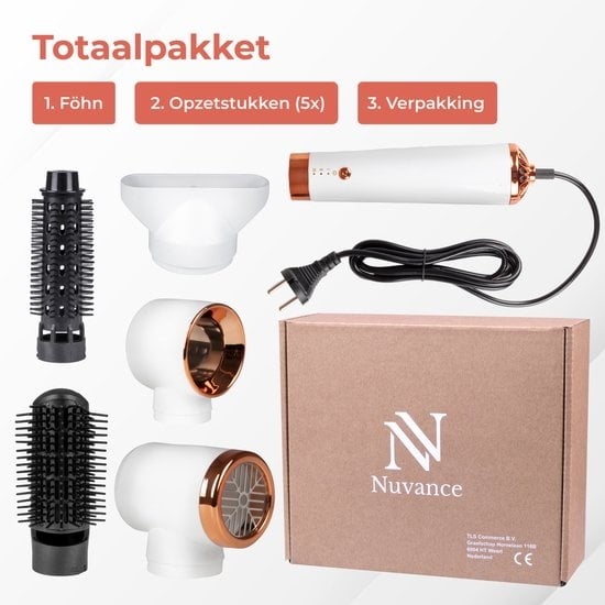 Nuvance - Haartrocknerbürste - mit 5 Aufsätzen - Lockenbürste - 600W - Weiß/Rosa