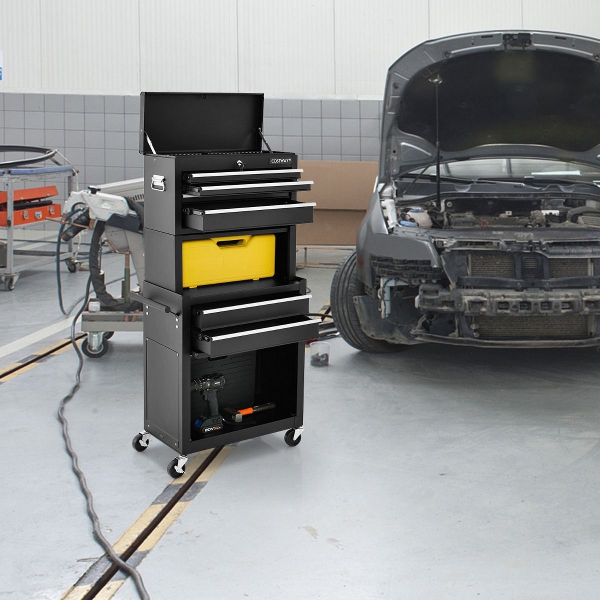 Coast Werkstattwagen mit Schubladen und herausnehmbarem Werkzeugkasten, schwarz, 61,5 x 33 x 132 cm, rollende abschließbare Aufbewahrungslösung