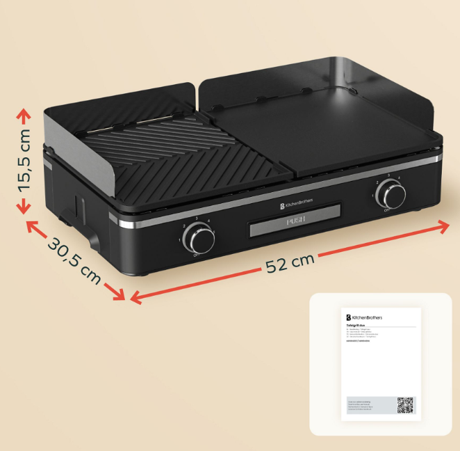 KitchenBrothers Elektrische Grillplatte KB4204 - 2400W - 2 Zonen - Gerippt & Flach - Schwarz - 50x30 cm