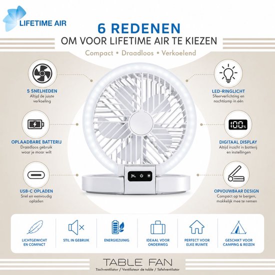 Lifetime Air Tischventilator, wiederaufladbar – Mini-USB-Ventilator, 1200 mAh – 5 Geschwindigkeitsstufen und LED-Anzeige – 21 x 20,5 x 23 cm – Weiß