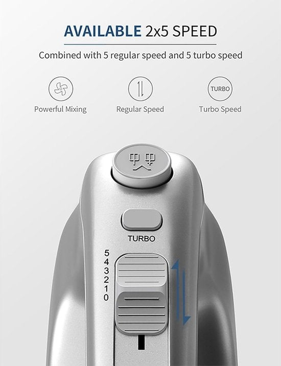Safecourt Kitchen - Handmixer - Turbo-Funktion - Quirl & Knethaken & Schneebesen - Stahl - Silber