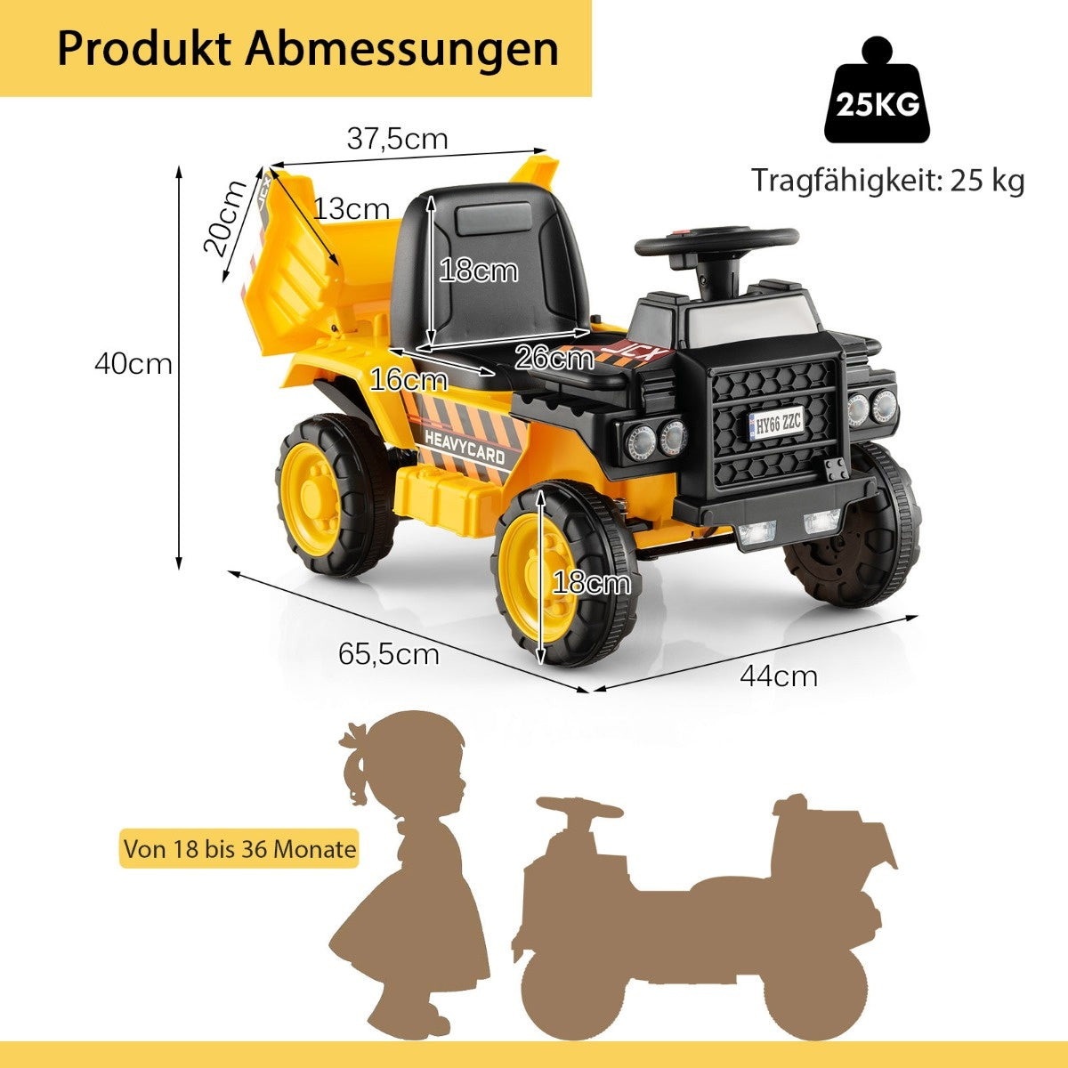Coast 6V Kids Muldenkipper mit Schutzhelm bis zu 2,5 km/h für Kinder ab 18 Monaten gelb