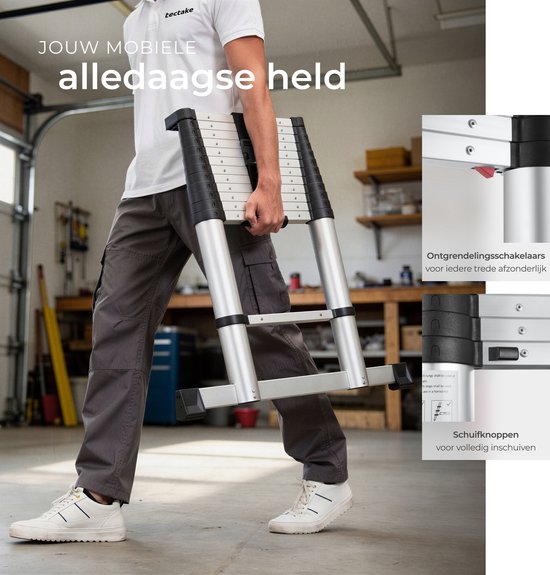 tectake® Teleskopleiter mit 13 Sprossen – Klappleiter – 3,85 Meter – Soft-Close – rutschfest – ausziehbare Teleskopleiter – Anlegeleiter – leichte Aluminiumleiter – zuverlässige Verriegelung