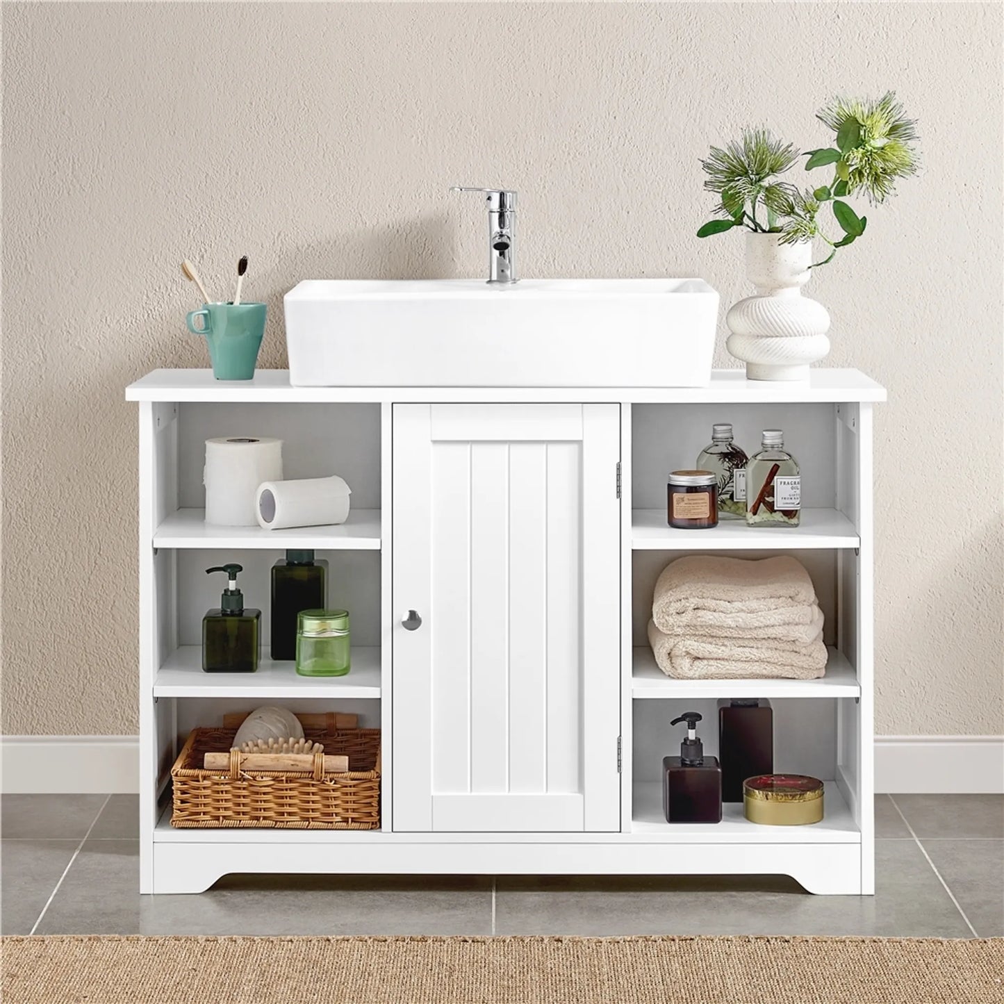 Yaheetech Waschtischmöbel mit verstellbaren Einlegeböden - ausgestattet mit Siphonaussparung und offenen Seitenfächern und Schranktür - für Bad und Toilette - Weiß Mdf - 90 x 30 x 60 cm