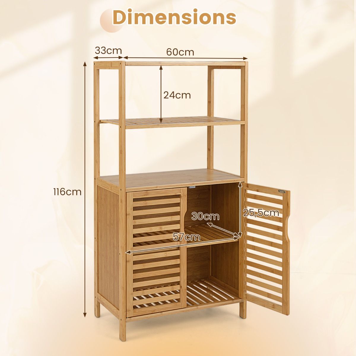 Coast Bamboo Bücherregal mit Türen - 4-Layer Storage Cabinet mit Lamellentüren - 60 x 33 x 116 cm - Natural