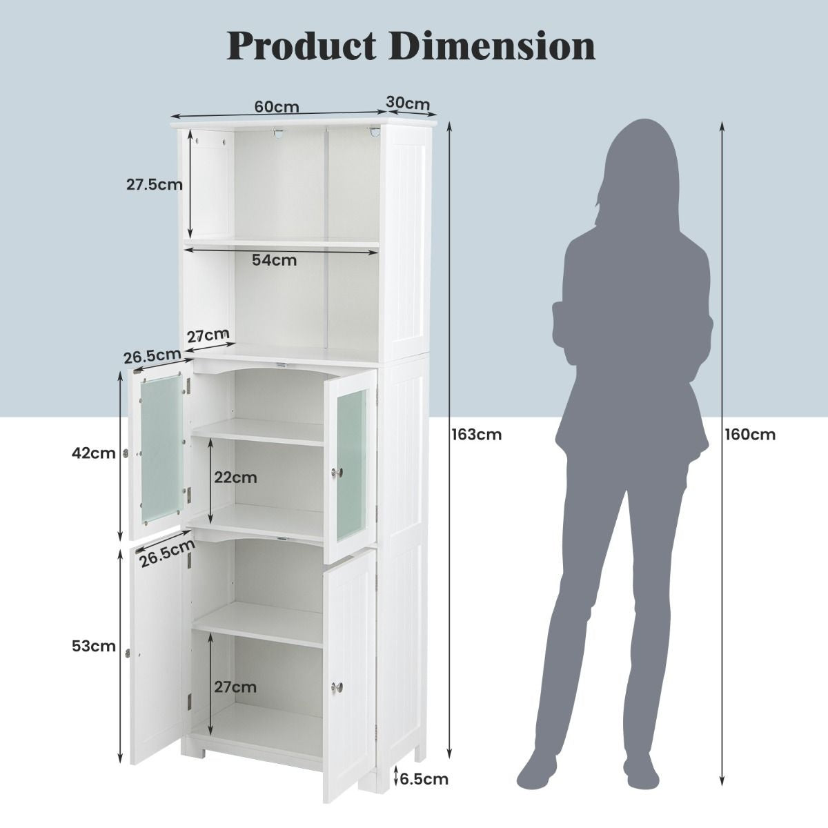 Coast Badezimmerschrank - MDF mit Glas - 60 x 30 x 163 cm - Weiß