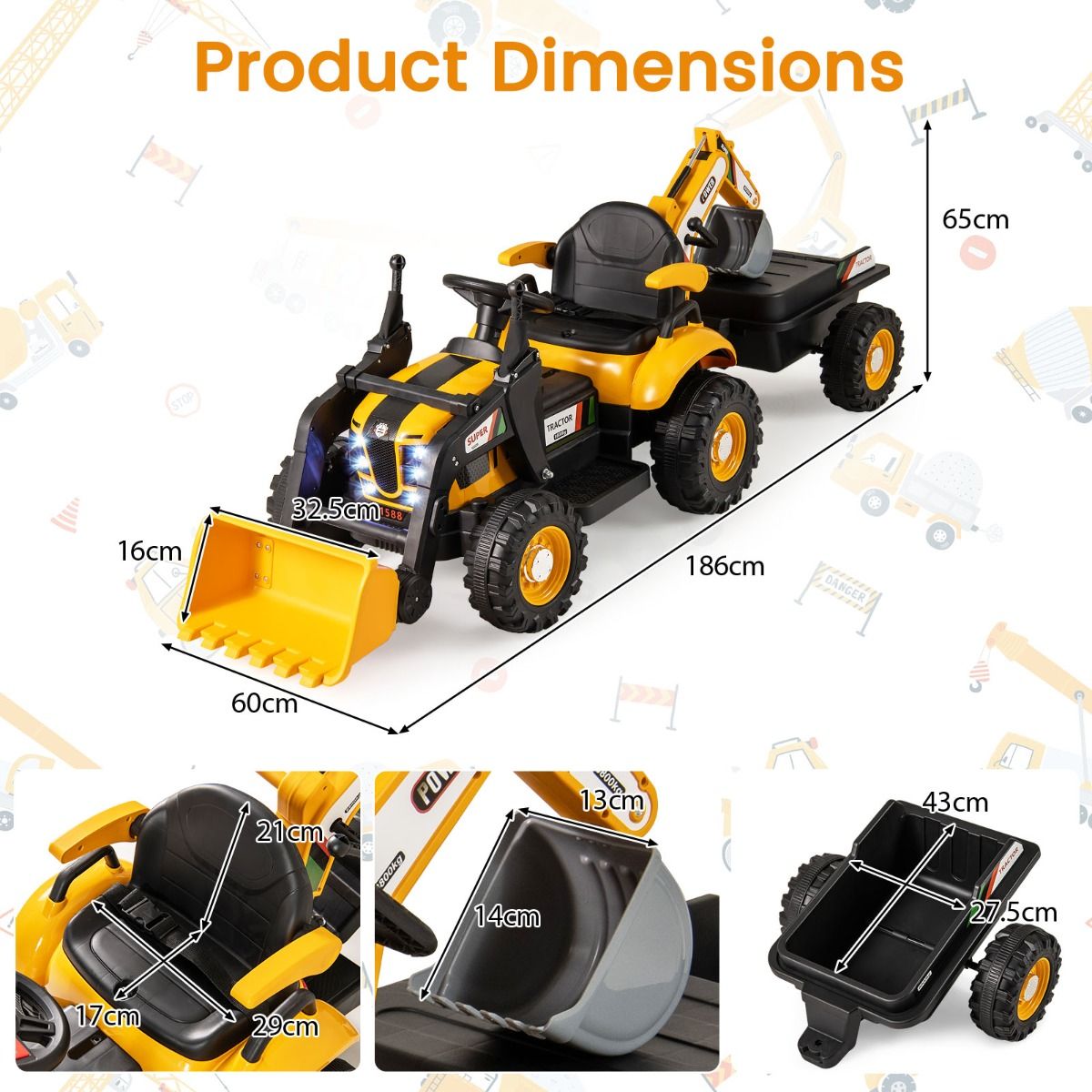Coast Elektrischer Kindertraktor mit Anhänger – Bagger und Schaufel – Fernbedienung – Gelb