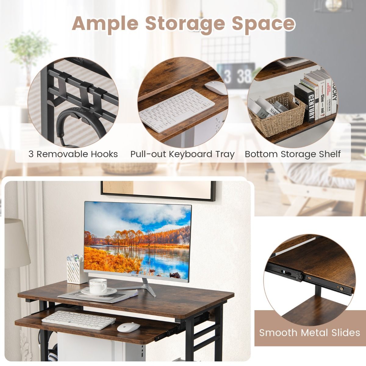 Coast Mobiler Computertisch – ausziehbare Tastaturablage – Ablagefach und Haken – rustikales Braun 80 x 50 x 78 cm