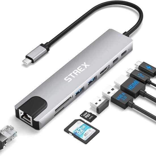 Strex 8 in 1 USB C Hub - Docking Station - USB Splitter - 4K HDMI - USB A - USB C - Ethernet - Micro SD - Geeignet für Laptop, Macbook, Windows