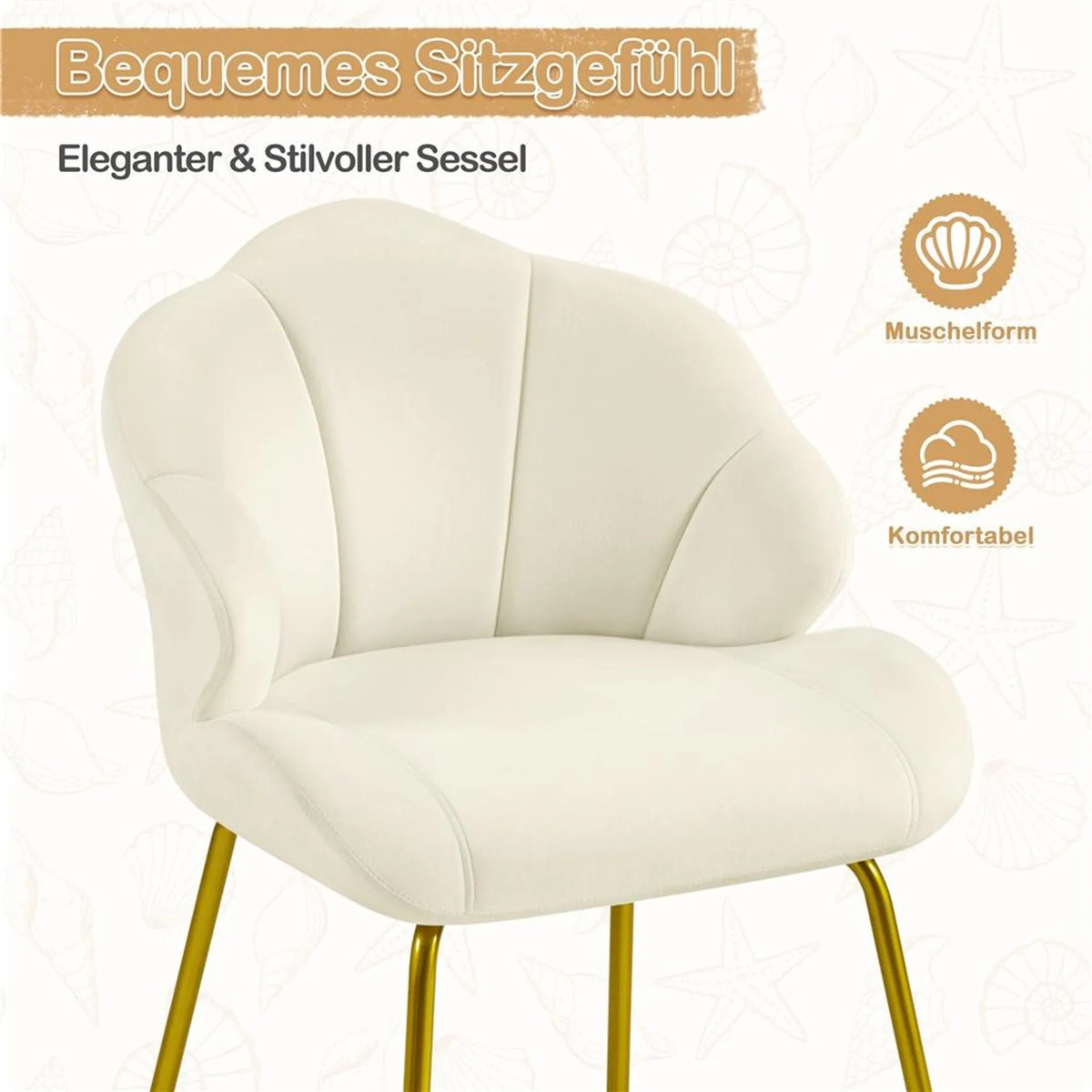 Yaheetech Esszimmerstuhl in Muschelform – gepolstert mit Metallbeinen – 56 x 57 x 78 cm – Beige