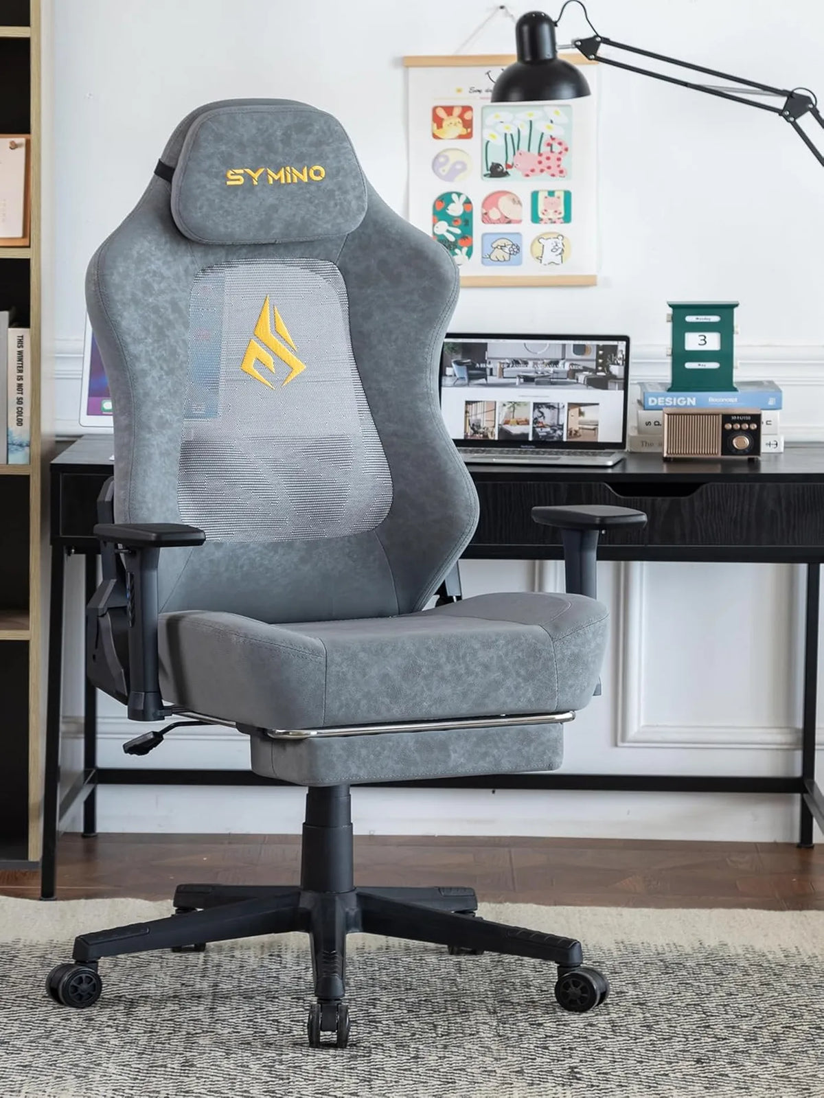 SYMINO Ergonomischer Gaming-Stuhl mit atmungsaktiver Rückenlehne – Vintage-PU-Leder – Grau – Metall und Schaumstoff