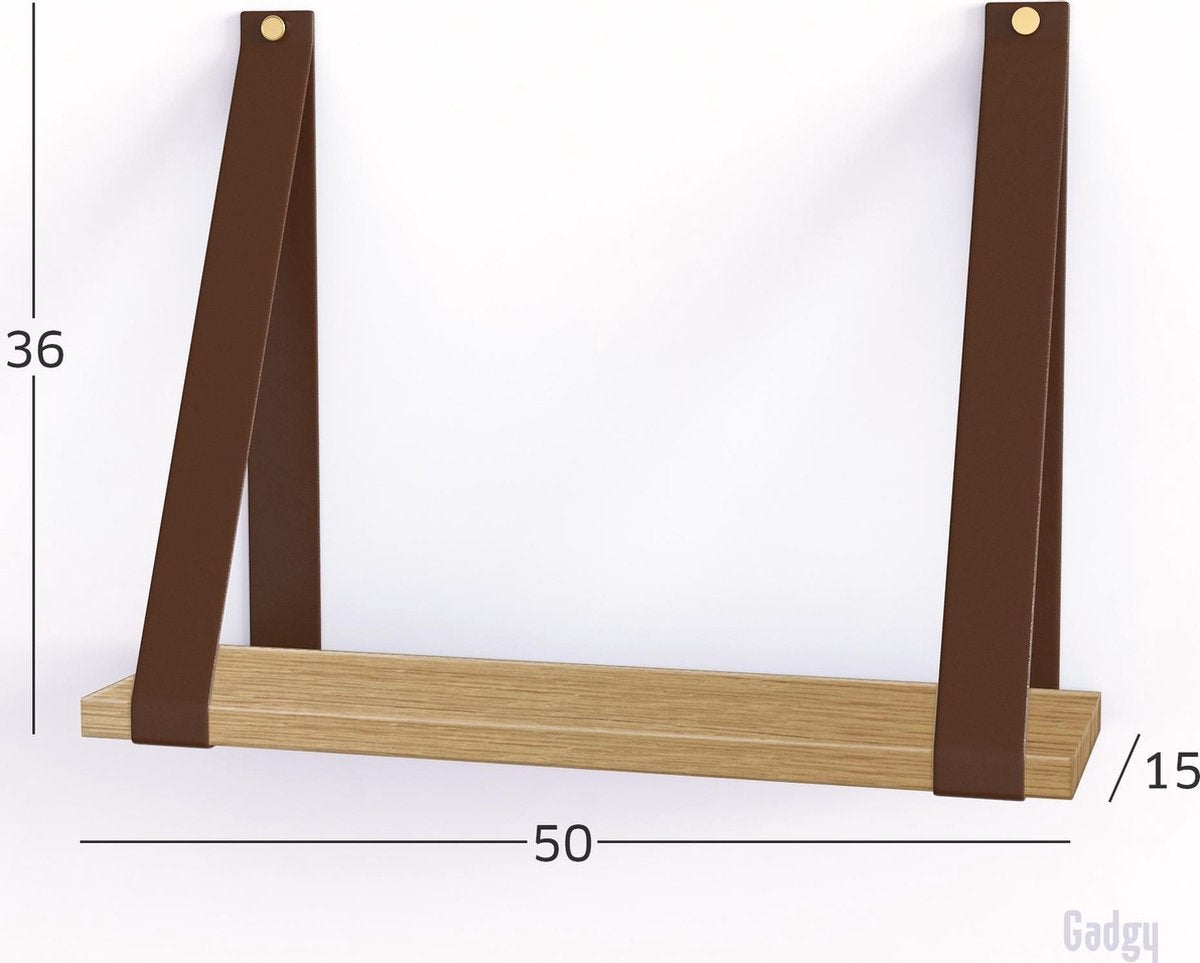 Gadgy Wandregal mit Ledergurten - Wandregal Holz - Wandregale - Wandregal schwebend - Bücherregal - Wanddekoration - 50x15cm