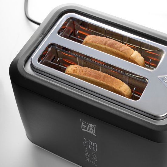 FRITEL Toaster TO 2995 – Stilvoller Toaster – 2 Schlitze – 7 Bräunungsstufen – 850 W – Touch-Display – Mattschwarz – Herausnehmbare Krümelfangschale + Brötchenaufsatz