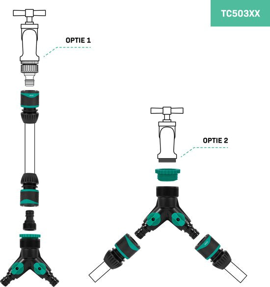 VONROC 2-Wege-Wasserverteilerset - Doppelhahnanschluss - Inkl. Schlauchkupplungen und Steckadapter