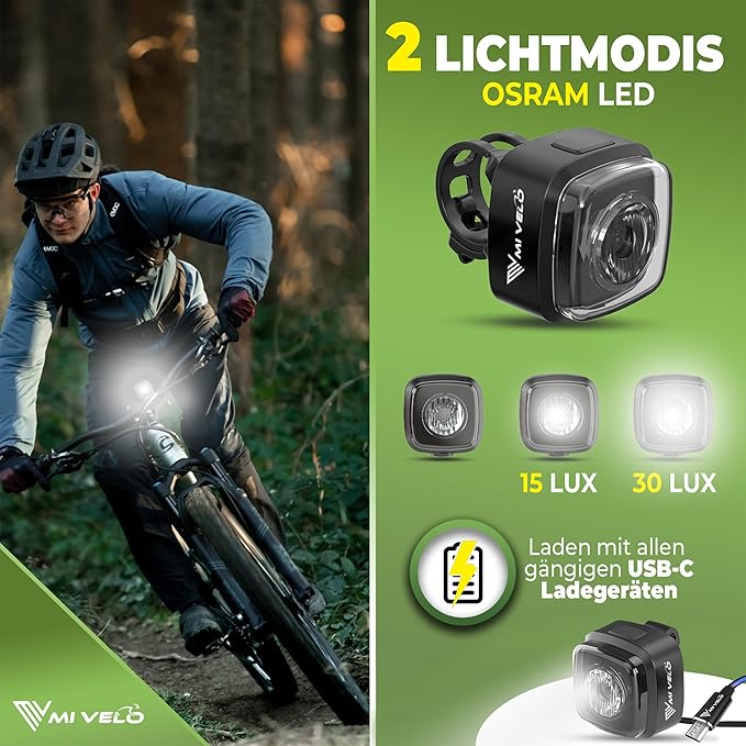 MIVELO Fahrradlicht - USB Wiederaufladbar - 100% Wasserdicht - IPX5 - Schwarz