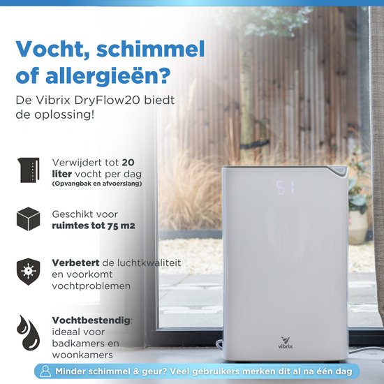 Vibrix DryFlow20 Luftentfeuchter - 20L pro Tag - Wäschetrocknungsfunktion - Energieeffizient - Luftentfeuchter für Bad, Keller, Dachboden & Schlafzimmer - Smart Dehumidifier