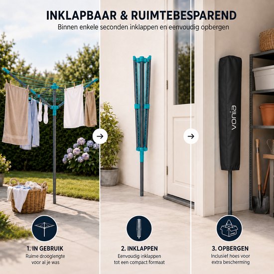 Vonia Wäschetrockner – Wäscheständer – Wäschetrockner mit Bodenanker – 45 Meter Trocknungslänge – Grau/Türkis