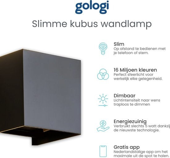 Gologi Slimme Wandlamp - Binnen en Buiten - Lamp Zwart - Industrieel - Smart Lamp - Buitenlamp - Waterdicht - Energiezuinig en Roestvrij - RGB - Met App
