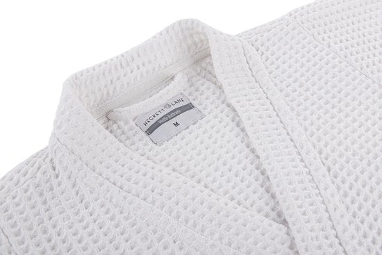 Heckettlane Bademantel Waffel - Bademantel für Damen und Herren - L - Morgenmantel aus Baumwolle - Geeignet für Sauna - Weiß