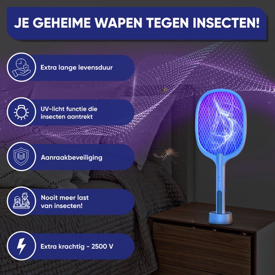 TTD® Premium Elektrische Fliegenklatsche und Mückenlampe Wiederaufladbar - 2 Stufen Fliegenklatsche und Mückenlampe - 2500 Volt - Mit Sicherheitsnetz - UV Licht - Fliegenfänger - Fliegenlampe - Mückenlampe für Innen und Außen - Mückenfänger - Insektenlamp