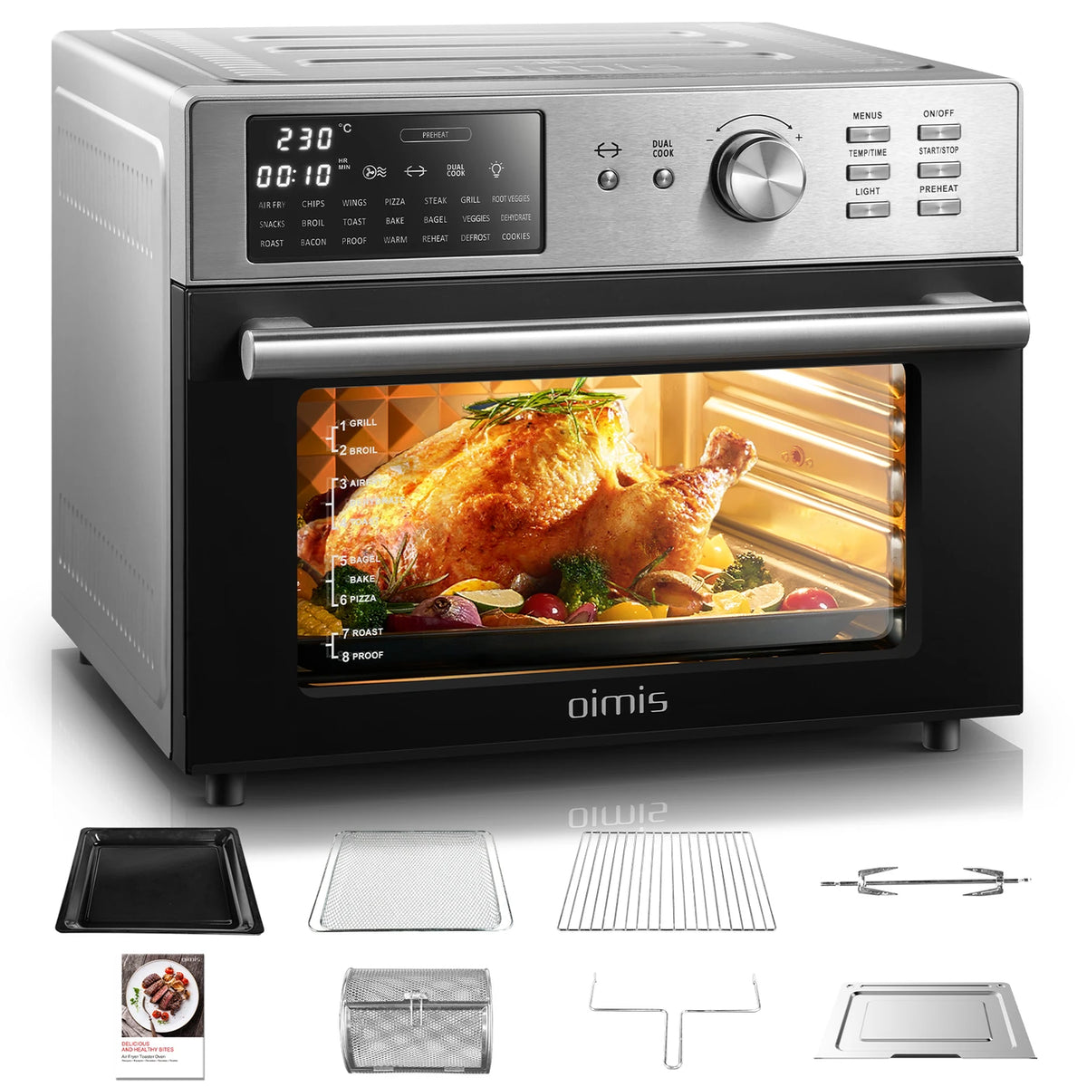 Oimis Airfryer-Backofen 30 Liter – 21 Programme mit Grillspieß und Trocknungsfunktion – 1800 W – 45,6 x 43 x 36,5 cm – Edelstahl silber