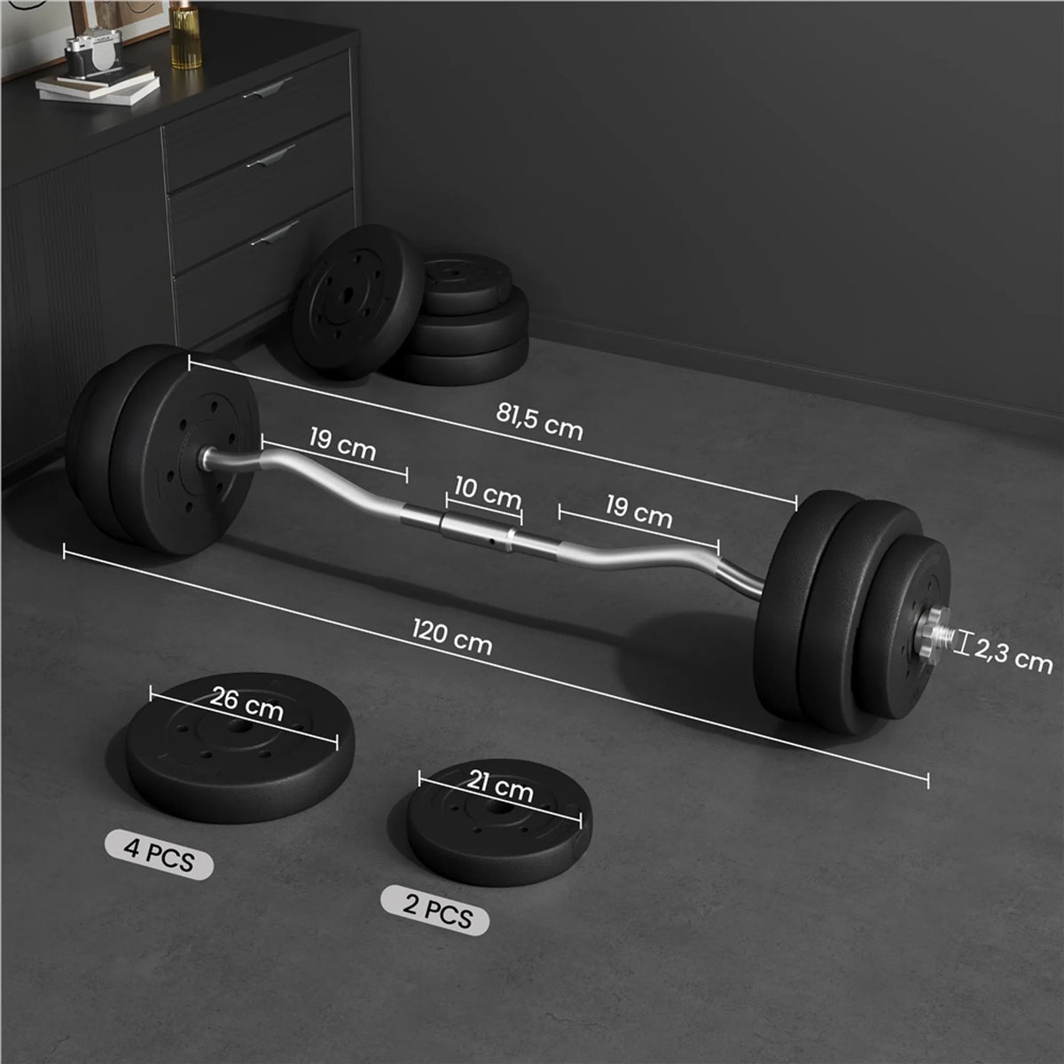 Yaheetech EZ-curl Hantelset 30 kg - Ausgestattet mit verchromter Curl-Stange und 6 Betongewichtsscheiben und Schlössern - Für Krafttraining und Muskelaufbau - Schwarzes Metall, Kunststoff und Beton - 120 x 26 x 26 cm
