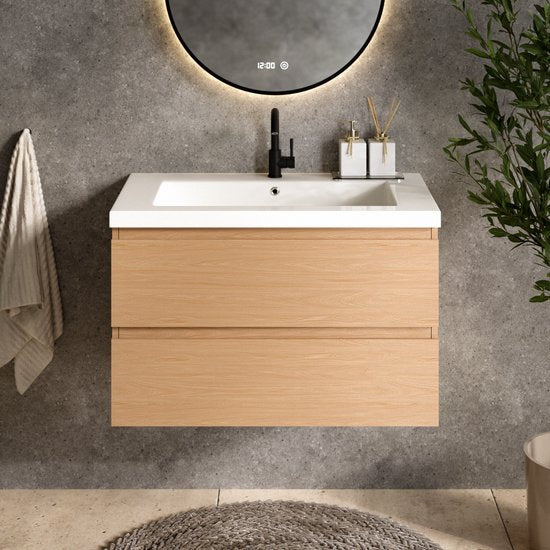 Mirlux Badezimmerschrank in heller Eiche, 80 cm – Waschbecken in Weiß – Badezimmerschrank-Set – Waschbeckenunterschrank in heller Eiche