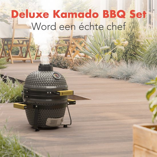 KitchenBrothers Kamado BBQ - 13 Zoll Holzkohlegrill - 27⌀ cm - PFAS-frei - Deluxe Set - Eiergrill mit Zubehör inklusive Abdeckung - Grau