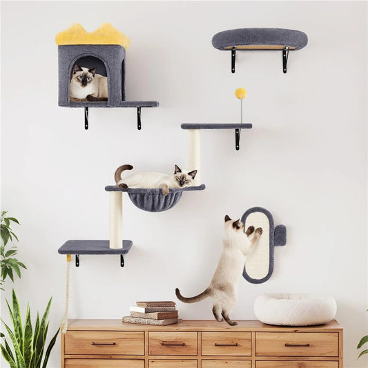 Yaheetech Wandmontiertes Katzenmöbel-Set - 49 x 30 x 40 cm - ausgestattet mit Katzenhöhle und Liegekorb und Sisalkratzpfosten und mehreren Plattformen - für 1-5 Katzen - dunkelgrauer Plüsch und Metall
