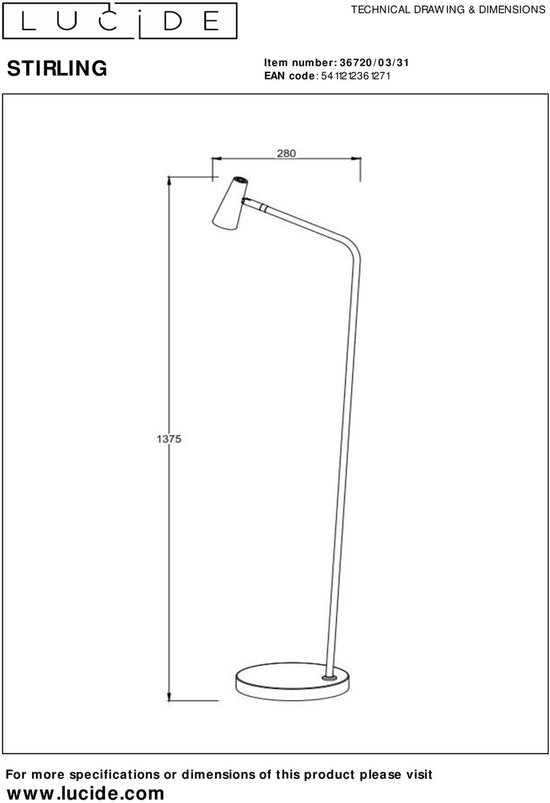 Lucide STIRLING – Wiederaufladbare Stehlampe – Akku/Batterie – LED mit 3-stufiger Dimmung – 1×3 W, 2700 K – Weiß