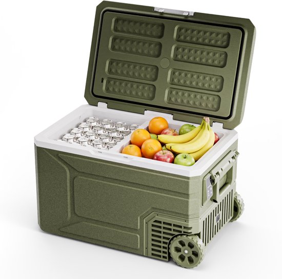 Auronic Elektrische Kühlbox – Kompressor – 80 l – 12 V und 240 Volt – Camping-Kühlschrank – Frigobox für das Auto – mit Rädern und Griff – grün
