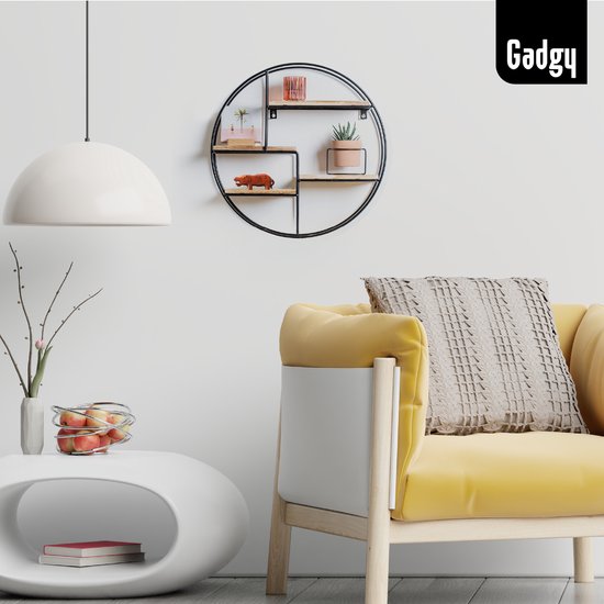 Gadgy - Wandregal Industrial - Rund mit 4 Holzböden - Ø 42x10 cm - schwarz/Holz