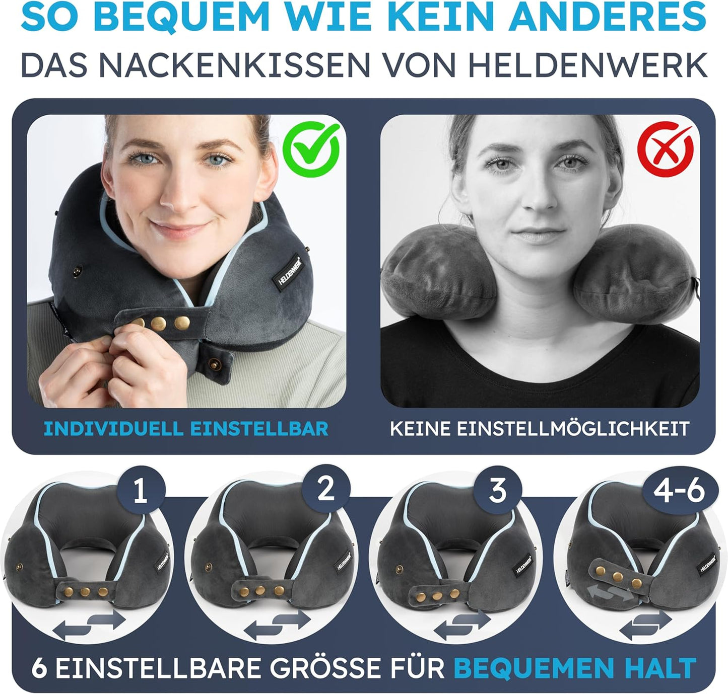 Heroism Nackenkissen - Waschbar - 6-fach verstellbar - Dunkelgrau