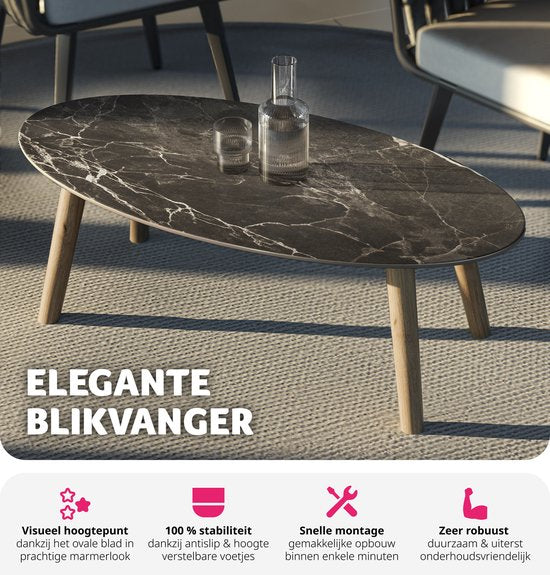 tectake® Couchtisch | Wohnzimmertisch, Ovaler Couchtisch mit Holzbeinen | Marmoroptik | Wetterfester Beistelltisch für Wohnzimmer, Terrasse, Garten oder Balkon - natur