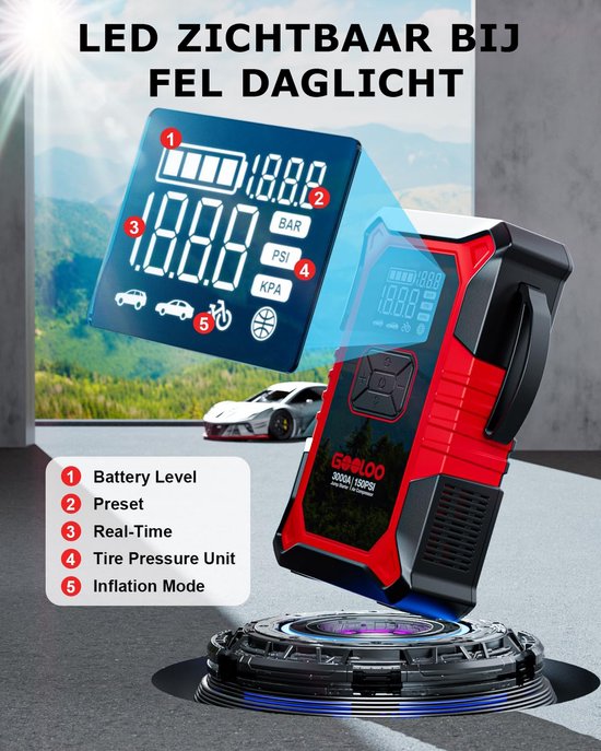 GOOLOO A3 – Tragbarer Starthilfe-Akku mit Kompressor und Powerbank – 3000 A – 12-V-Fahrzeuge – USB-Schnellladung – Kompaktes Design – LED-Taschenlampe – Für Auto, Motorrad und Boot