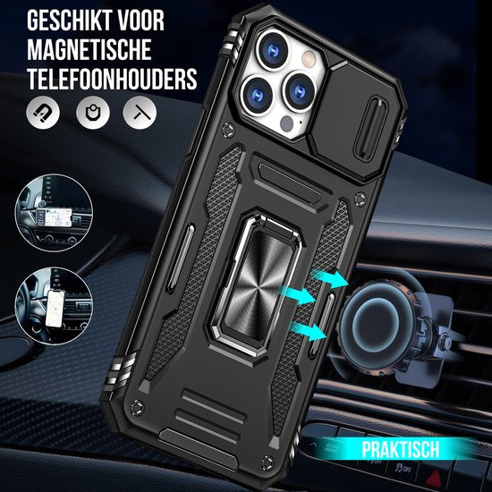 Podec Case passend für iPhone 12 Pro Schwarz Phone Case - Anti-Shock Case Cover Hybrid Armor Case mit Kickstand Ring mit Displayschutzfolie