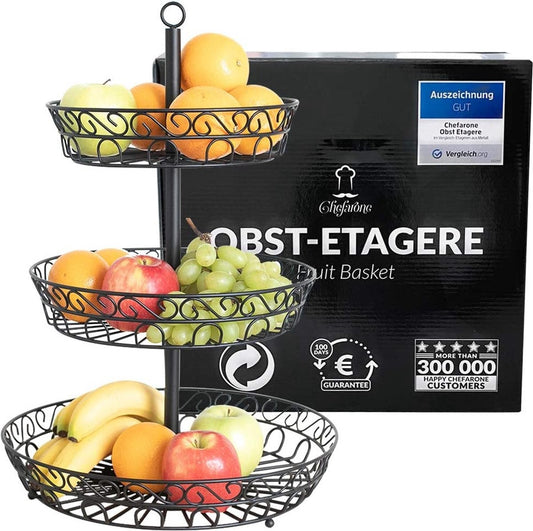 Chefarone Obst Etagere - Obstschale - 3 Schichten - Metall - Schwarz