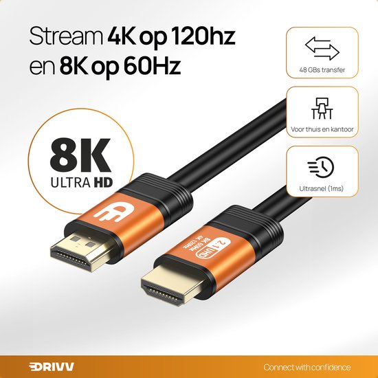 Drivv. Premium HDMI Kabel 2.1 - Ultra HD - 8K 60Hz - 4K 120Hz - Geeignet für Xbox Serie X & PS5 - 1 Meter - Orange