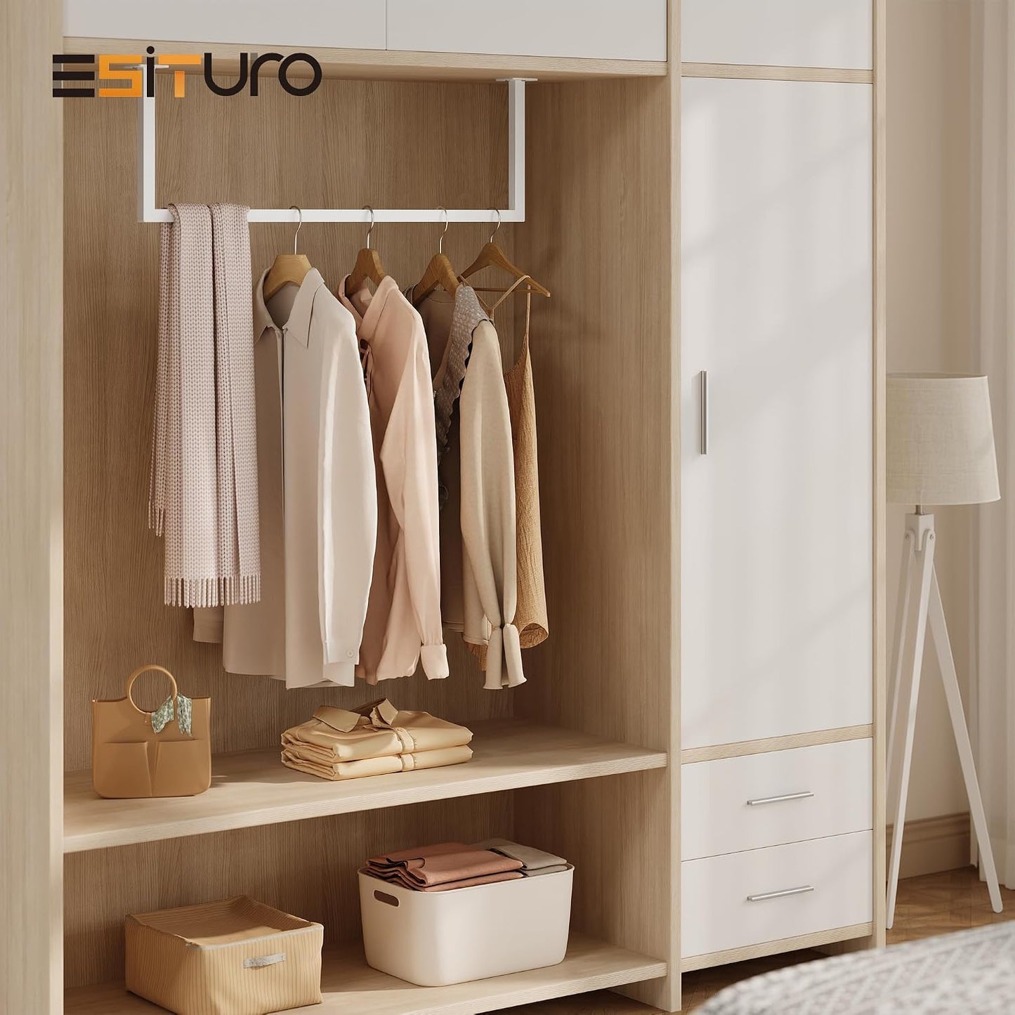 eSituro Wandmontage-Kleiderständer im Industrial-Stil – Kleiderstange aus Rohr für Flur, Küche und Wohnzimmer – Weiß, 94 cm