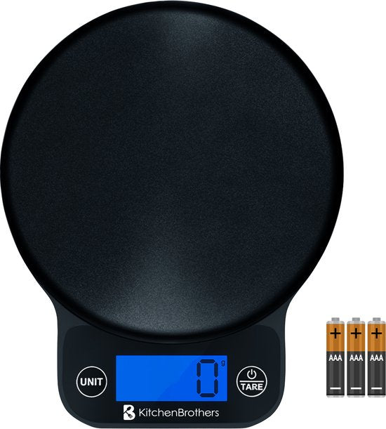 KitchenBrothers Küchenwaage - Waage Küche Digital - 1 g bis 6 kg - Tara-Funktion - Batterien enthalten - Schwarz
