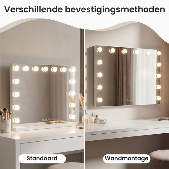 Bayt Spiegel mit Beleuchtung - Make-up Spiegel mit Beleuchtung - Hollywood Spiegel mit Beleuchtung - dimmbar - 58x46cm - Weiß