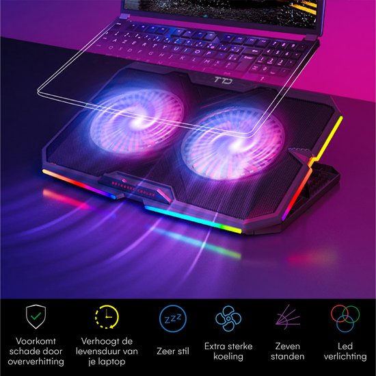 TTD® Premium Laptop-Kühler - Verstellbare Laptop-Halterung - Rotationsgeschwindigkeiten bis zu über 2400 RPM - für Gaming - Bis zu 17 Zoll - Extra USB-Anschluss - Schwarz