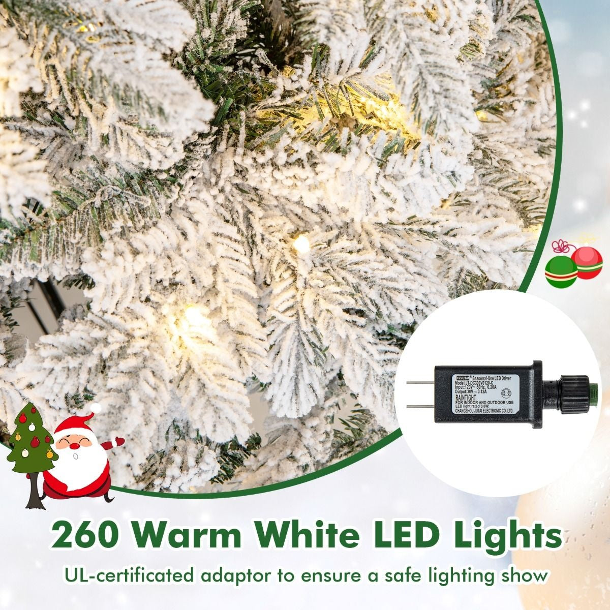180 cm großer künstlicher Weihnachtsbaum Beflockter Weihnachtsbaum mit 1415 Zweigspitzen 260 warmweiße LED-Lichter Beleuchteter Weihnachtsbaum Weiß + Grün
