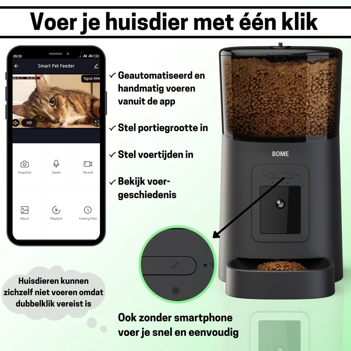 BOME - Ferngesteuerter Futterautomat für Katzen und Hunde - Kamera und Audio inkl. SD-Karte - Schwarz