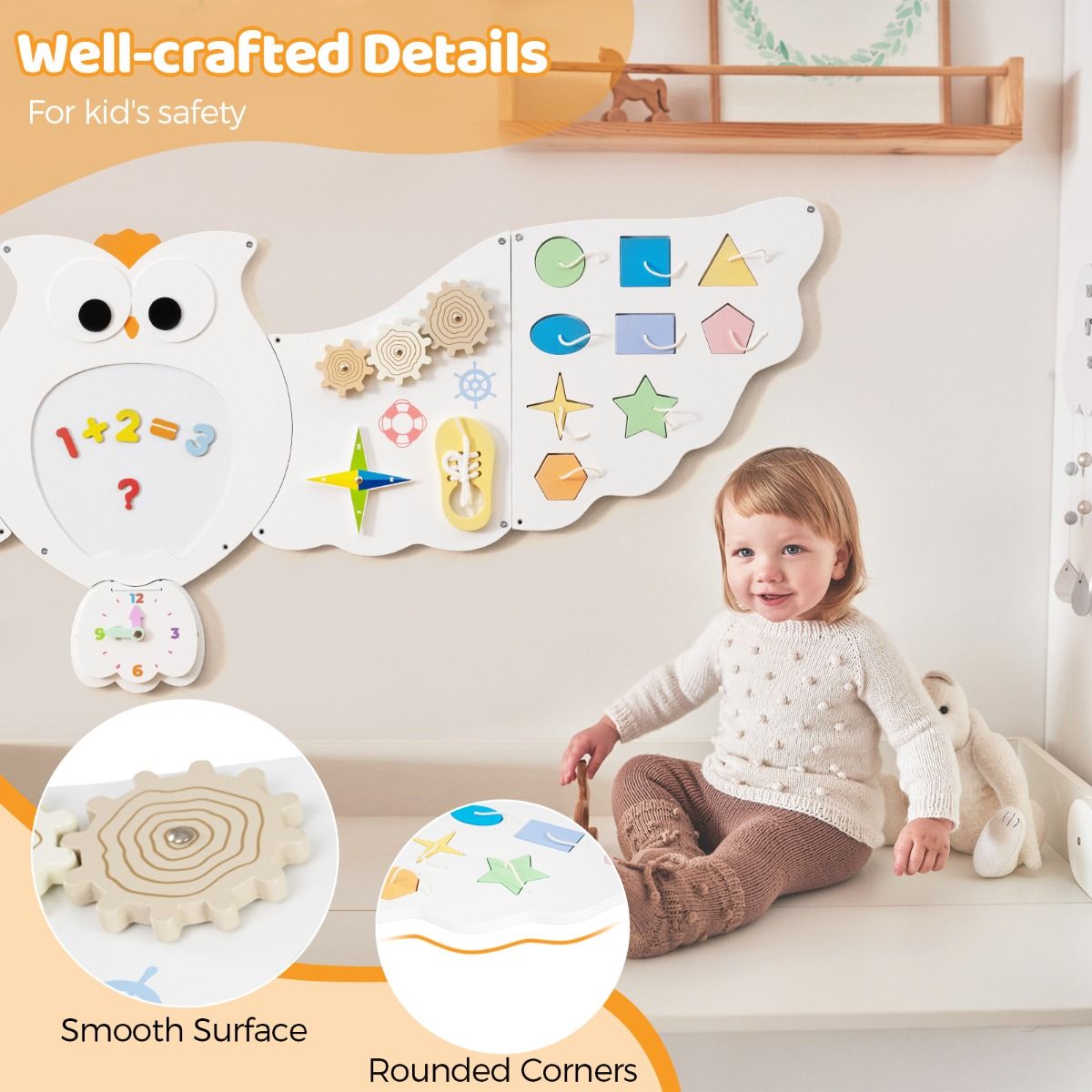 Coast Wand-Aktivitätenbrett „Eule“ – 11-in-1-Lernaktivitätenbrett – Montessori-Spielzeug – weiß