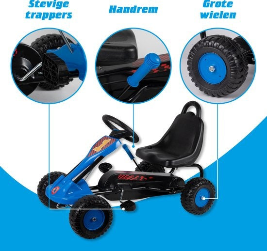 Gokart - Stahl - Einstellbar - Handbremse - Max 35 Kilo - 3-4 Jahre - Blau/Schwarz